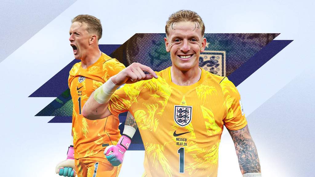 Jordan Pickford effectuant un arrêt décisif avec le maillot de l'équipe d'Angleterre